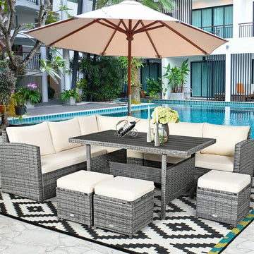 2026 7 PCS Resin Wicker Outdoor Sectional Sofa Set Rattan Patio Seating Group with Dining Table, Ottomans & Cushions
