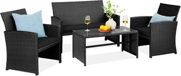 2026 4-Piece Outdoor Wicker Patio Conversation Furniture Set for Backyard w/Coffee Table, Seat Cushions - Black/Black