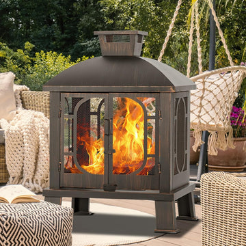 2026 45" H 31''W Metal Chiminea Fire Pit with Grill, Wood Burning Fire Pits for Outside,Square Chimineas Fireplace with Mesh Spark Screen Door& Fire Poker for Garden,Yard,BBQ,Bonfire (Black&Gold)
