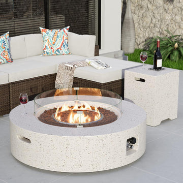 2026 2-Piece Outdoor Propane Firepit Table Set w Tank Table, 42 inch Dark Fire Table Certified, 50,000 BTU w Beige Round Base,Wind Guard and 16 inches Tank Side Table 20lb for Garden,Pool