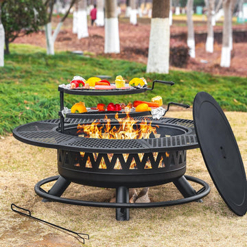 2026 47 Inch Fire Pit with 2 Grills, Outdoor Extra Large Firepits for Outside, Wood Burning Fireplace for Camping,Picnic,Bonfire, 3-in-1 Round Metal Table with Lid for Backyard,Patio,Party