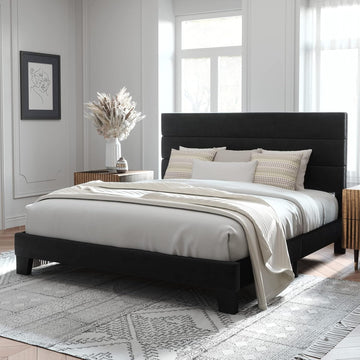2026 King Size Platform Bed Frame with Velvet Upholstered Headboard and Wooden Slats Support, Fully Upholstered Mattress Foundation/No Box Spring Needed/Easy Assembly, Black