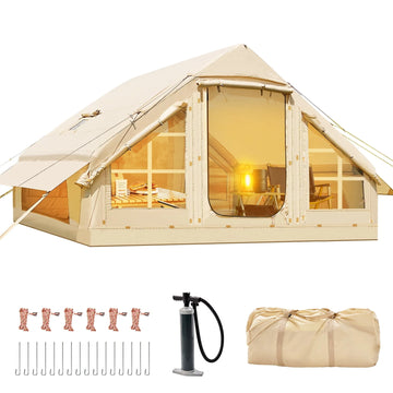 2026 6 Person Inflatable Camping Tent with Pump, 10ft x7ft Glamping Family Tent Easy Setup 4 Season Waterproof Windproof Outdoor Blow Up Tent Luxury Oxford Cabin with Mesh Windows & Doors