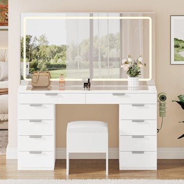 2026 Vanity Set with LED Mirror, 10 Drawers, Stool Included