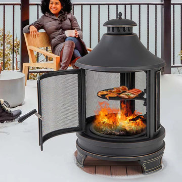 2026 30" 2-in-1 Metal Chiminea Fire Pit with Adjustable Grill & Chimney, Outdoor Wood Burning Chiminea Fireplace with Spark Screen for Patio Backyard BBQ