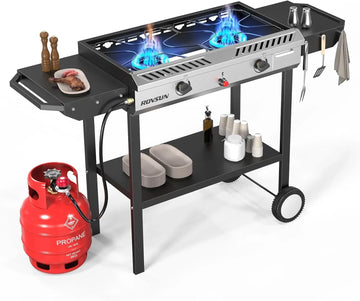 2026 2-Burner Outdoor Propane Gas Stove with Griddle, Auto-Ignition, Regulator and Side Shelves, 150,000 BTU