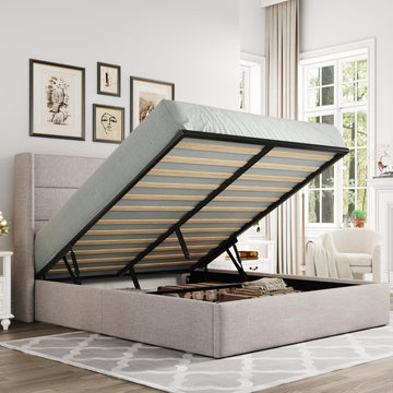 2026 Queen Size Lift Up Storage Bed, Modern Wingback Headboard, Hydraulic Support, No Box Spring Needed, Light Beige