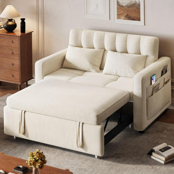 2026 3-in-1 Convertible Sofa Bed, 55" Sleeper Sofa with Pull-Out Bed, Cat-Scratch-Proof Fabric Futon Couch with Adjustable Backrest and Side Pocket, Loveseat for Living Room Apartment, Grey